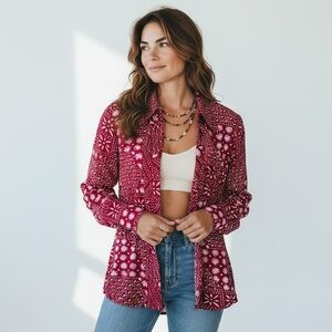 Stylish Women's Red Patterned Button-Down Shirt Boho Xmas